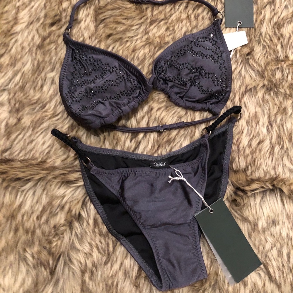 NWT 1 Sol Bikini Charcoal Bikini Swarovski crystal